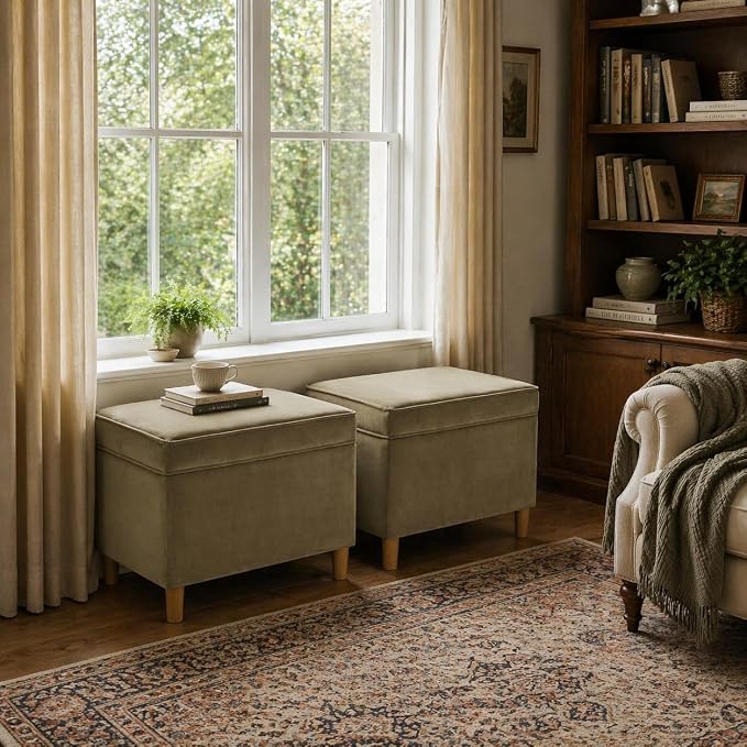 Spatial Order Home Decor | Dinah Collection Modern Storage Ottoman | Ottoman with Storage for Living Room & Bedroom(Light Sage Green Velvet)