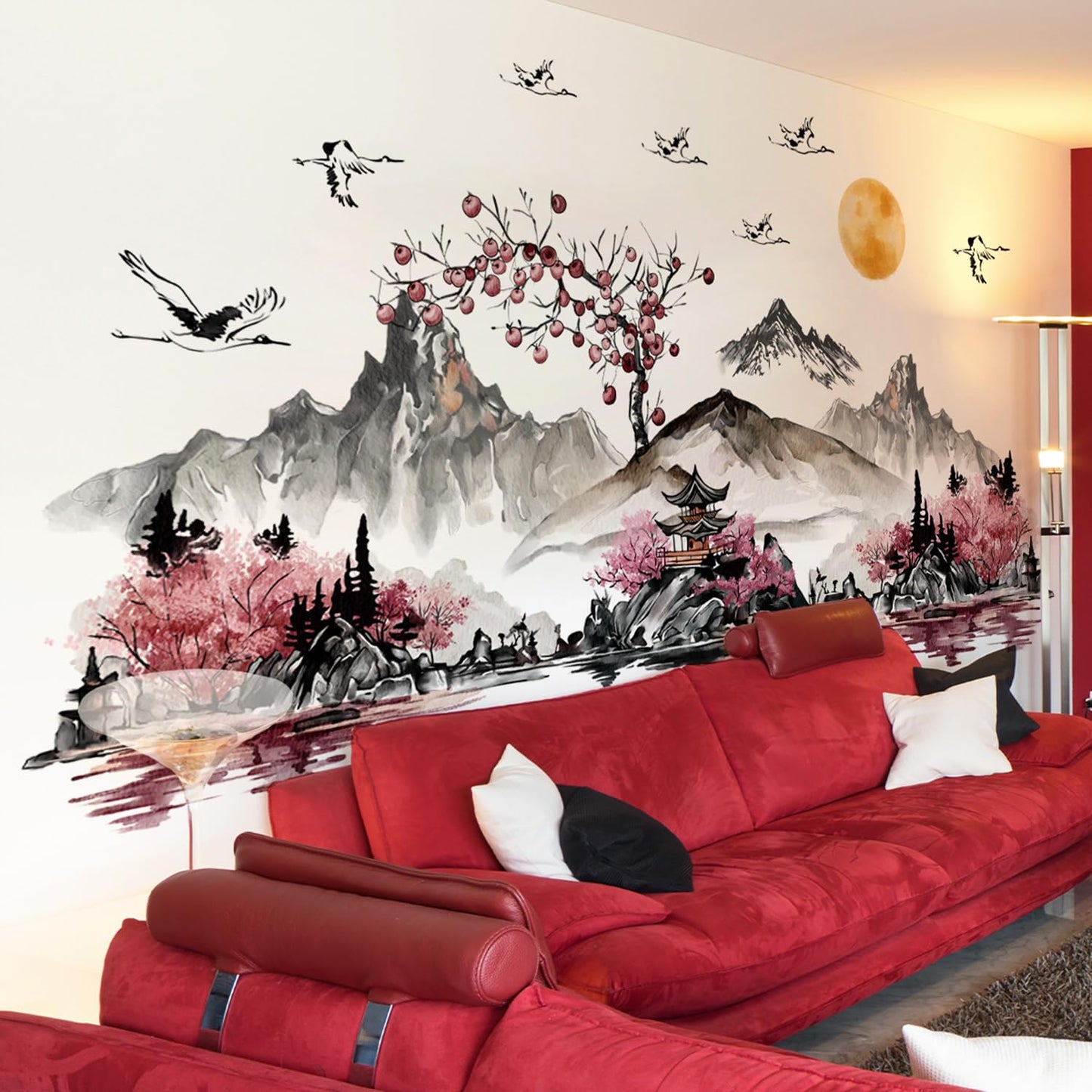 DRWSSR 3 Sheets Removable Chinese Style Splash Ink Landscape Painting Wall Decal DIY Red Sun Flying Bird Pavilion Red Forest Art Mural for Living Room Bedroom TV Background Wall Home Decor
