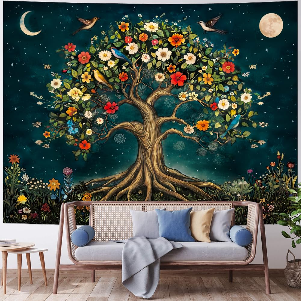 Amtoodopin Tree of Life Tapestry Mystic Boho Flowers Tapestry Vintage Aesthetic Tree Wall Tapestries Retro Nature Floral Plants Tapestries Wall Hanging for Bedroom
