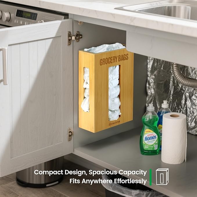 Libreshine Extra Large Bamboo Grocery Bag Holder for Plastic Bags, Under Sink Cabinet or Wall Mounted Organizer, Space-Saving Bag Dispenser for Kitchen, Pantry, Laundry Room, Garage