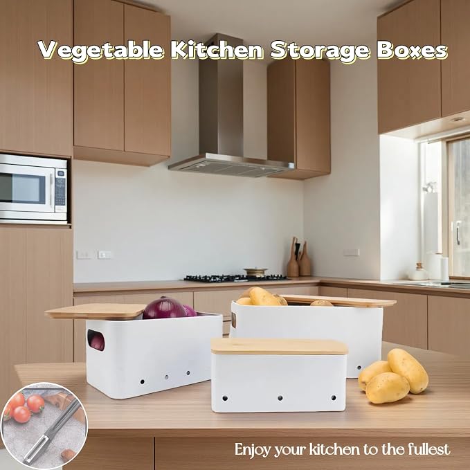 Modern kitchen storage container, stacked metal storage box, 3-piece set with wooden lid design, onion, garlic, potato metal cans, breathable storage box (White)