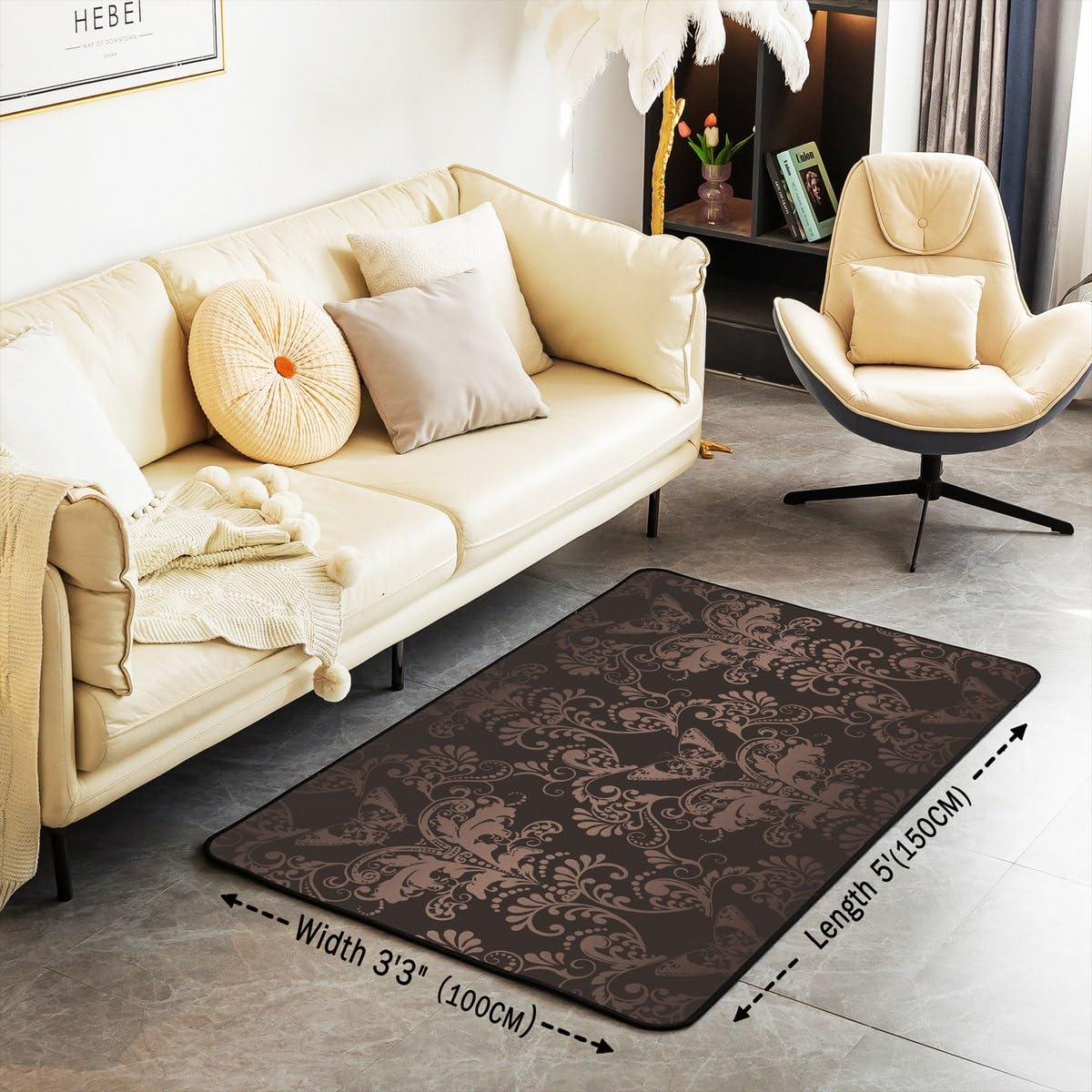 Adult Bohemian Exotic Indoor Floor Mat 3x5 Jacquard Damask Carpet Antique Victorian Baroque Area Rug Butterfly Floral Pattern Decorative Rug for Bedroom Living Room Non Slip,Brown Black