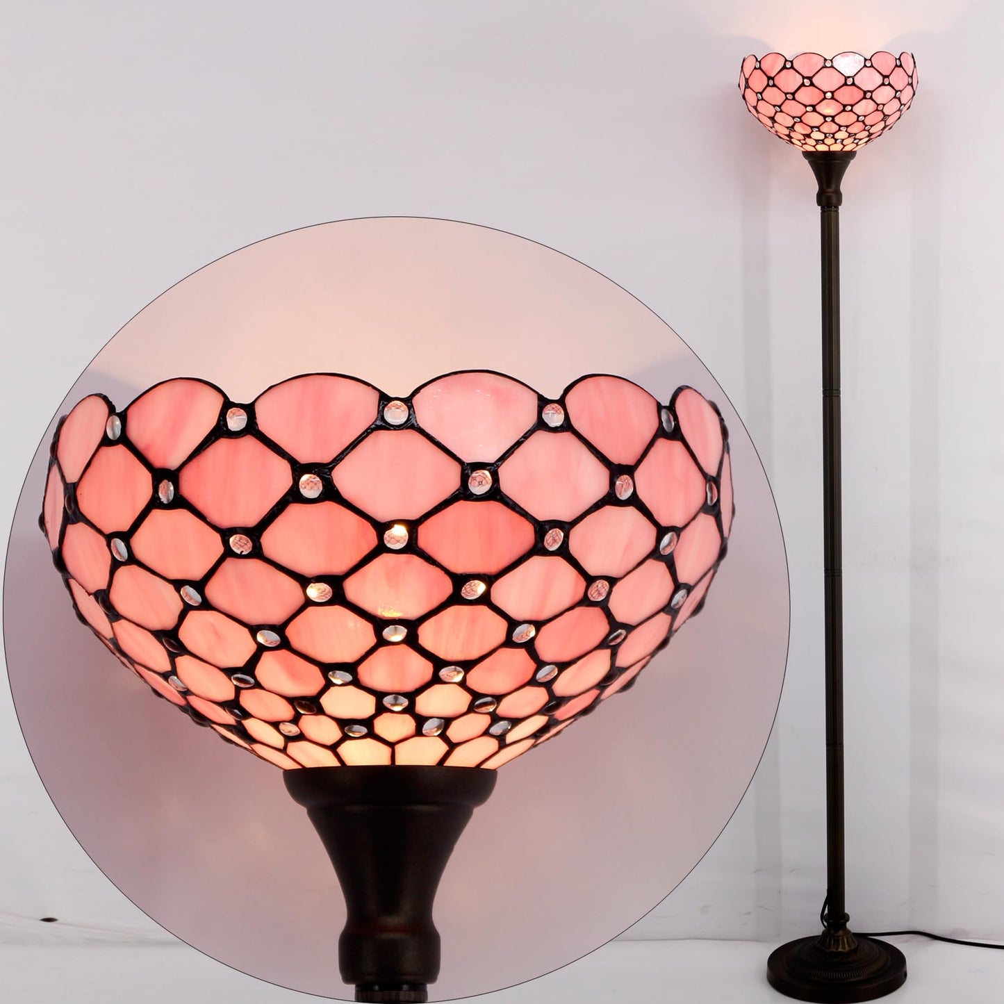 WERFACTORY Tiffany Floor Lamp Pink Stained Glass Pearl Bead Light 12X12X71 Inches Torchiere Standing Corner Torch Uplight Decor Bedroom Living Room Home Office S005P Series