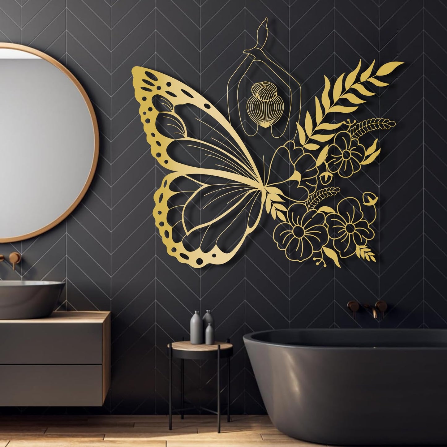 Cadeali Butterfly Woman Metal Wall Art, Flower Butterfly Wall Decor, Minimalist Line Art, Flowers Decorations, Home Living Room Decor, Gifts for Her (19 x 17 inch | 47 x 43 cm, (White)