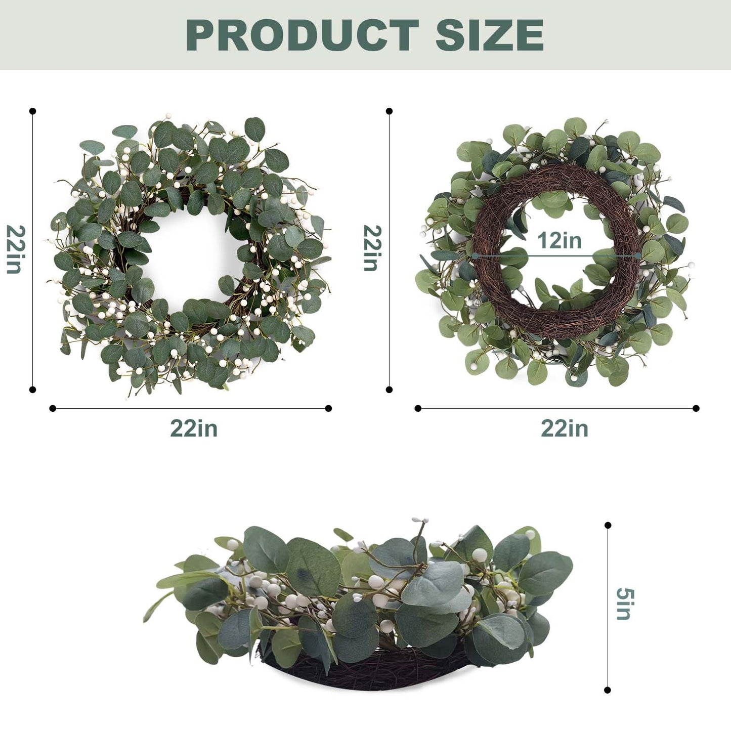 MAINGKAUNG Green Eucalyptus Wreath 22inch Greenery Wreaths for Front Door Artificial Winter Wreath with Green Eucalyptus Leaves White Berries for Winter Christmas Window Wall Indoor Holiday Decoration