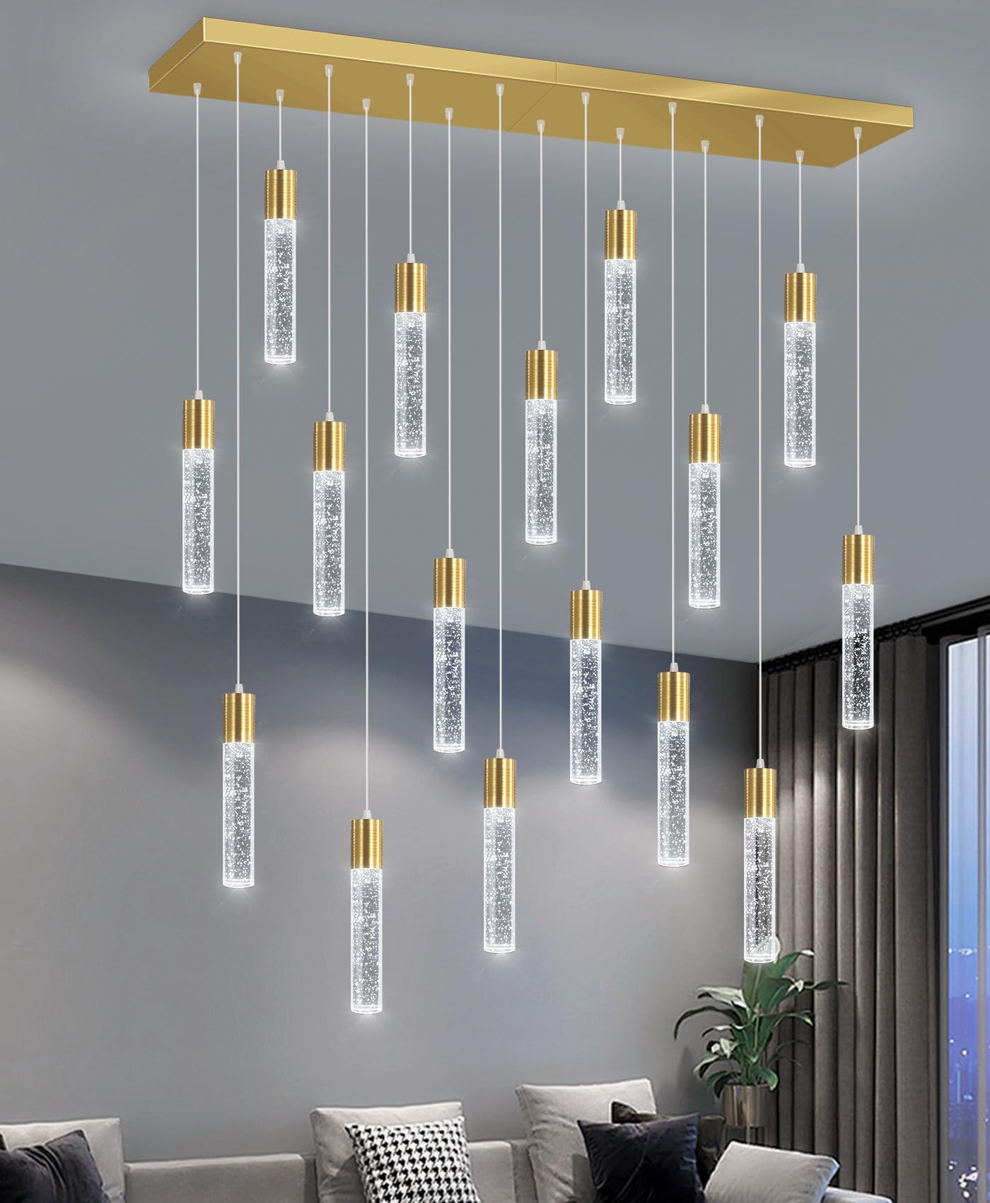 dolria 16-Lights Modern Crystal Rectangular Chandeliers LED Pendant Light for Kitchen Island High Ceiling Chandelier for Dining Room Entrance Foyer Living Room Gold