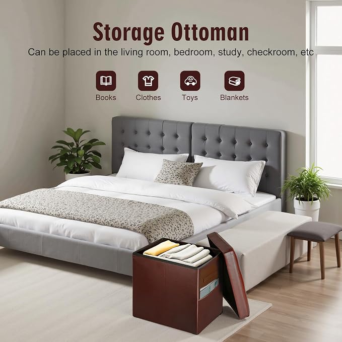 Ottoman with Storage, Folding Foot Rest Stool with Thicker Foam Padded Seat. Slim Tall Storage Ottoman Furniture with Handles & Side Pocket for Living Room Bedroom 350 lbs, 17x13x17in, Light Brown