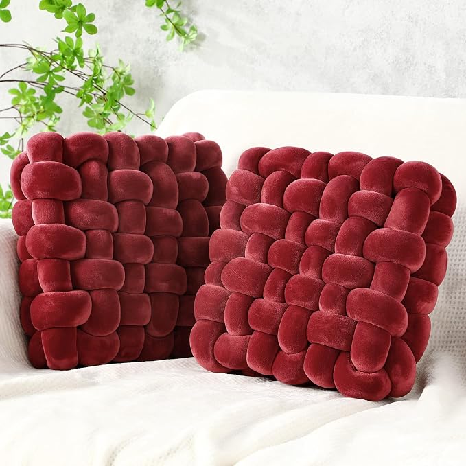 Wenqik 2 Pcs Knot Pillows Square Knotted Plush Throws Soft Accent Pillows Decoration Cushion for Couch Home Office Living Room Bedroom Bed Sofa Decor, 12'' x 13''(Burgundy,Crystal Velvet)