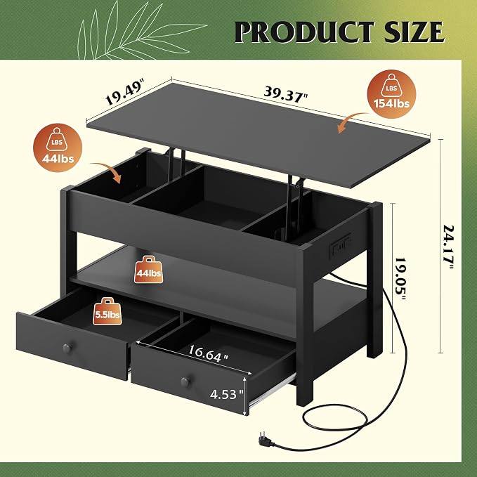 WLIVE Coffee Table, Lift Top Coffee Table with Drawers, LED Light, Large Storage and Open Shelf, Lift Tabletop for Living Room, Deep Black