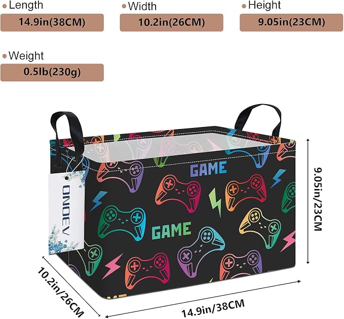 Foldable Storage Basket with Handles, Game Controller Print Toy Bin, Gaming Themed Organizer for Kids Bedroom Playroom Nursery, Clothes Laundry Hamper Gift for Boys Gamers