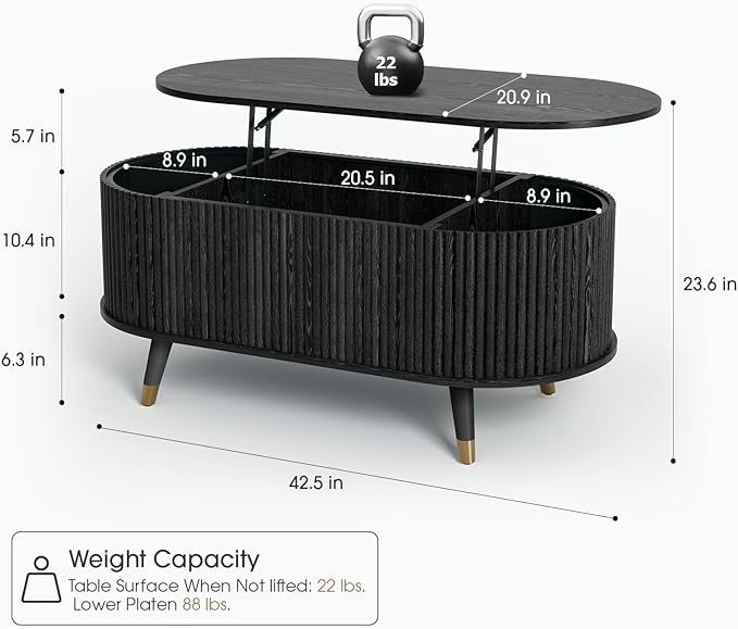 JOINICE 42.5" Oval Lift Top Coffee Table with Storage,Modern Black Center Table with Fluted Design, Solid Wood Legs & Hidden Compartment, Pop Up Coffee Table for Living Roomm