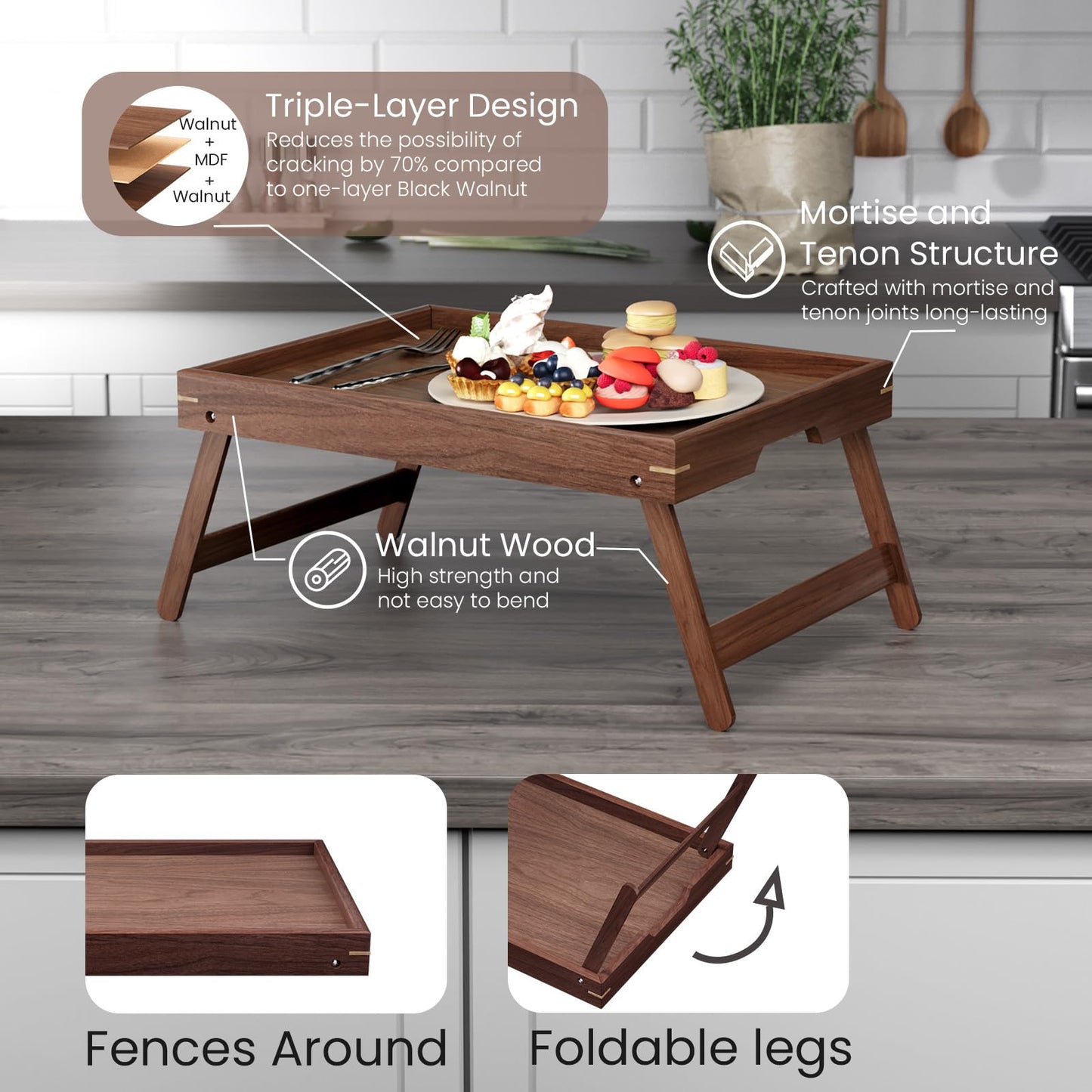 Fibogollo Walnut Wood Bed Tray Table with Folding Legs,Breakfast Trays,Serving Tray for Food and Snack,Laptop Trays for Working