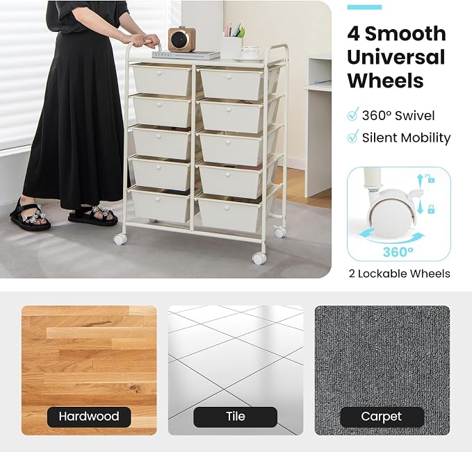 Giantex 10 Drawers Rolling Cart, Classroom Organizers, Storage Cart with Wheels, for Teacher Office Home School Supplies Tool Craft Art Paper, Ivory Color