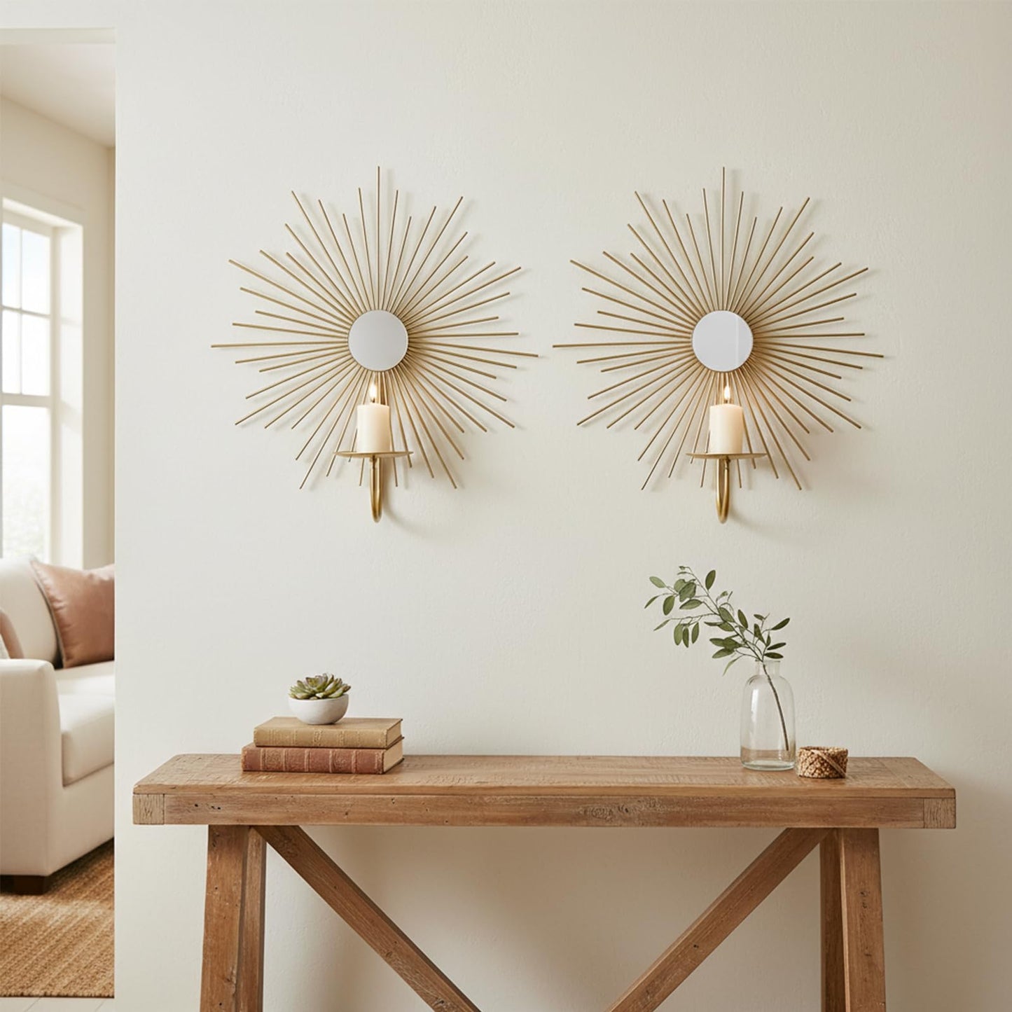 Sxnzequnze 2 Set Candle Sconces Wall Decor for Living Room Metal Sunburst Mirrored Modern Gold Wall-Mounted Candle Holder Sconces Hanging Mounted Fireplace Farmhouse Wedding
