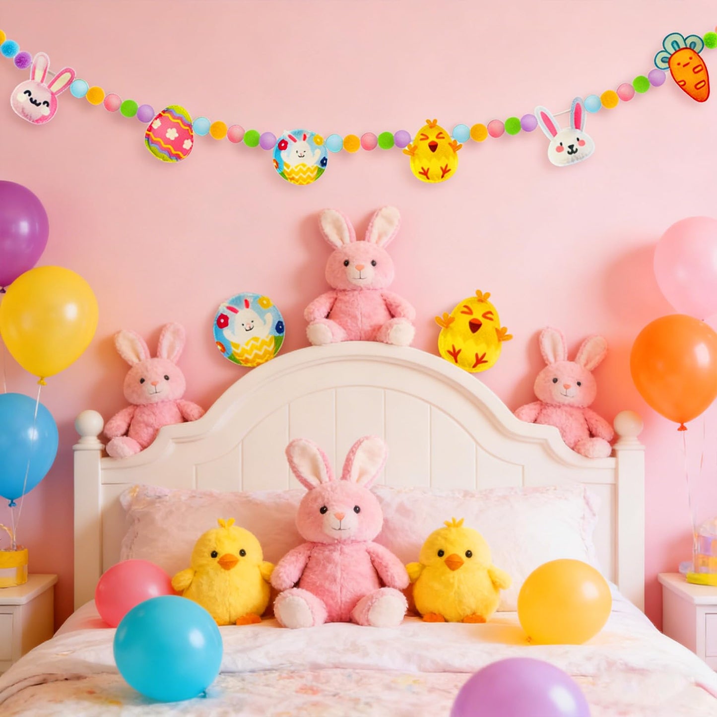 6.5ft Easter Garland Decorations, Handmade Felt Bunny Chick Carrot & Egg Pom Pom Garland, Farmhouse Spring Mantel Decor for Home Fireplace Wall Reusable Easter Banner for Indoor Party