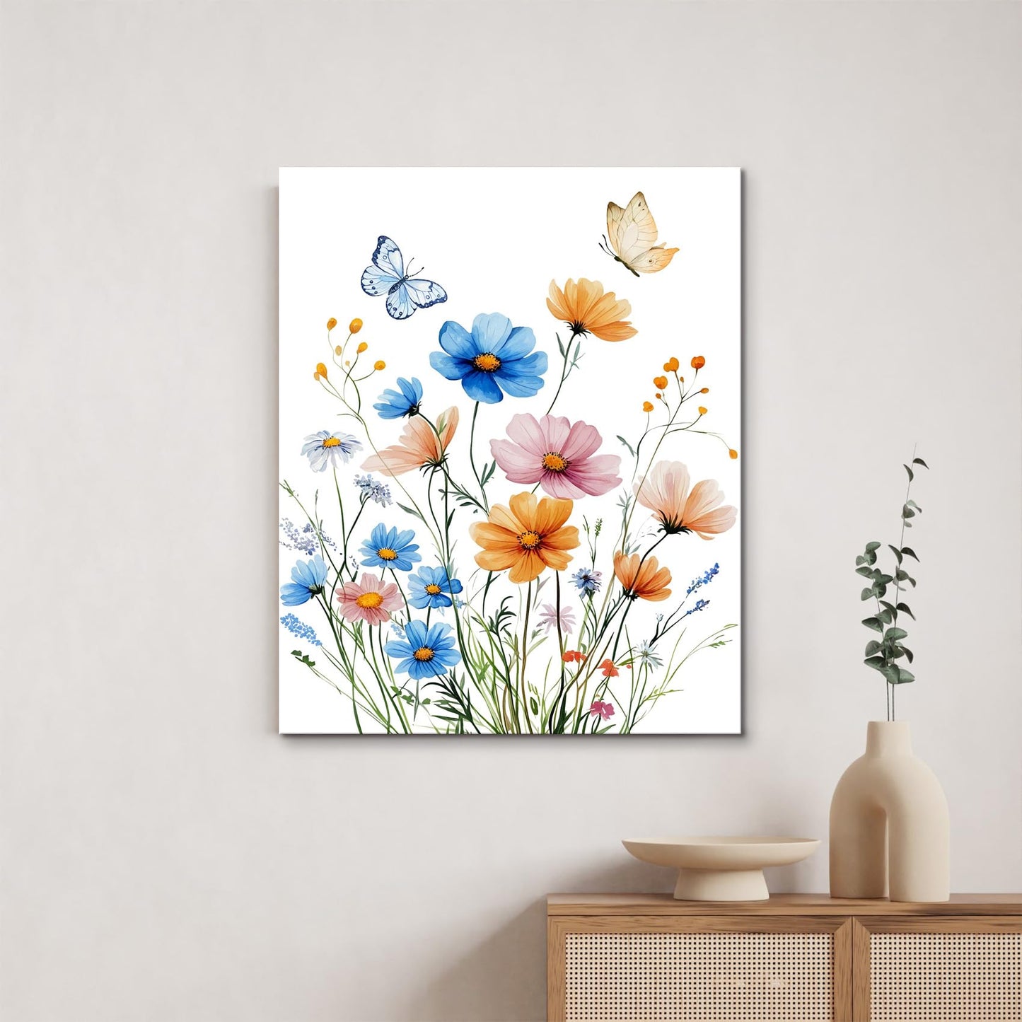 RASEONG Spring Floral Wall Art for Livingroom, Blue and Pink Flower Nature Plant Wall Decor Rustic Wildflower Wall Decor for Bathroom Office Bedroom, 12W x 16L Inches