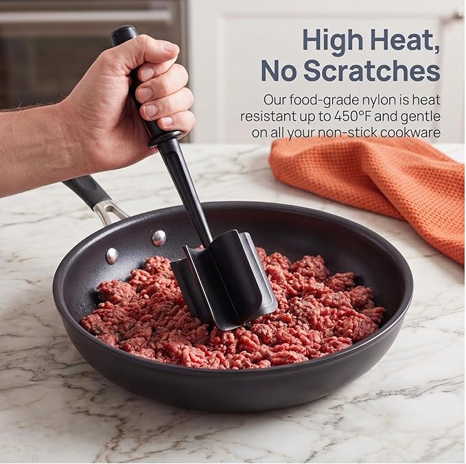 Meat Chopper, Premium Heat Resistant Meat Masher, 5 Blades Ground Beef Masher, Non Stick Hamburger Smasher, Nylon Potato Masher, Dishwasher Safe, Black