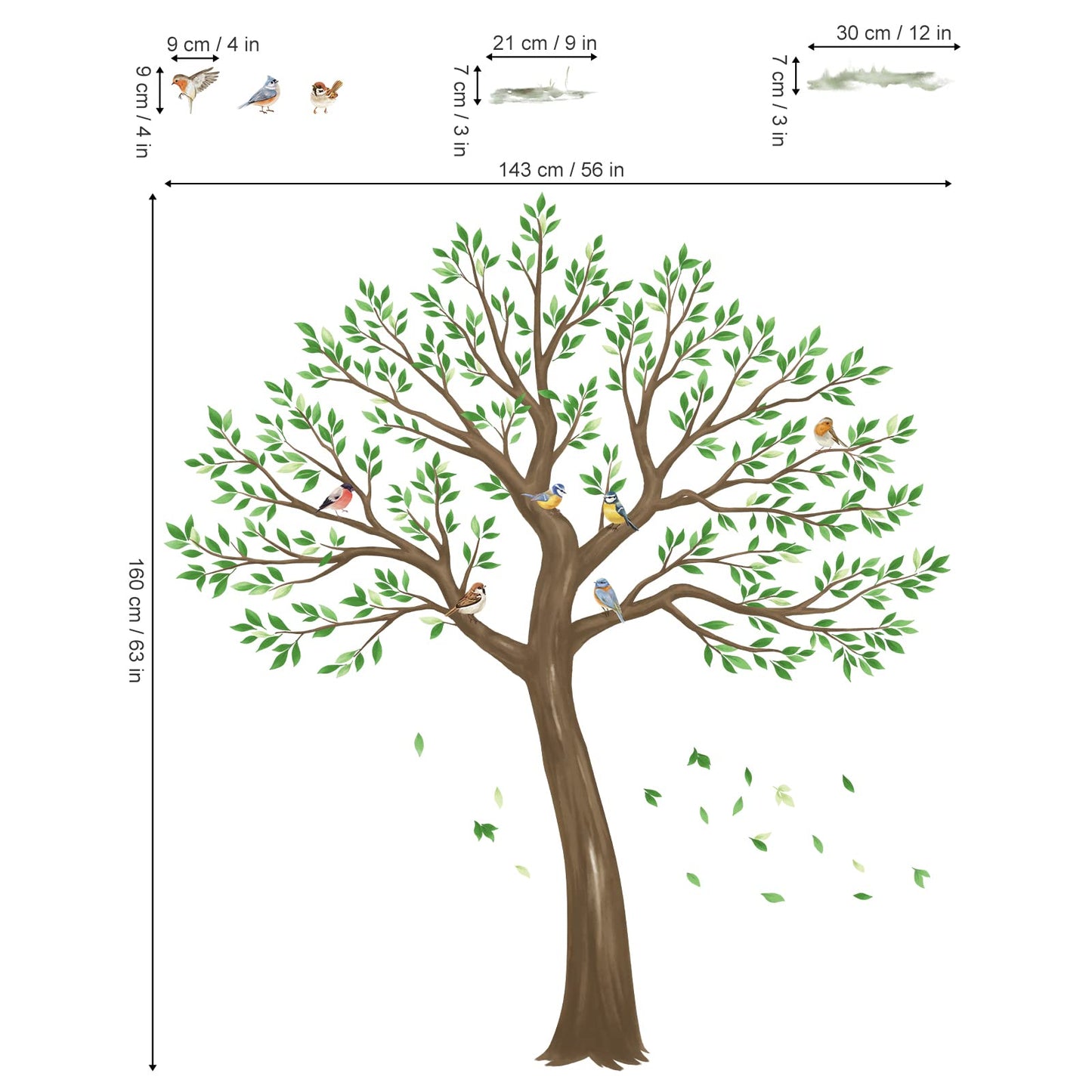 wondever Large Tree Wall Stickers Green Leaves Birds Peel and Stick Wall Decals for Living Room Bedroom TV Wall (H: 63inches)