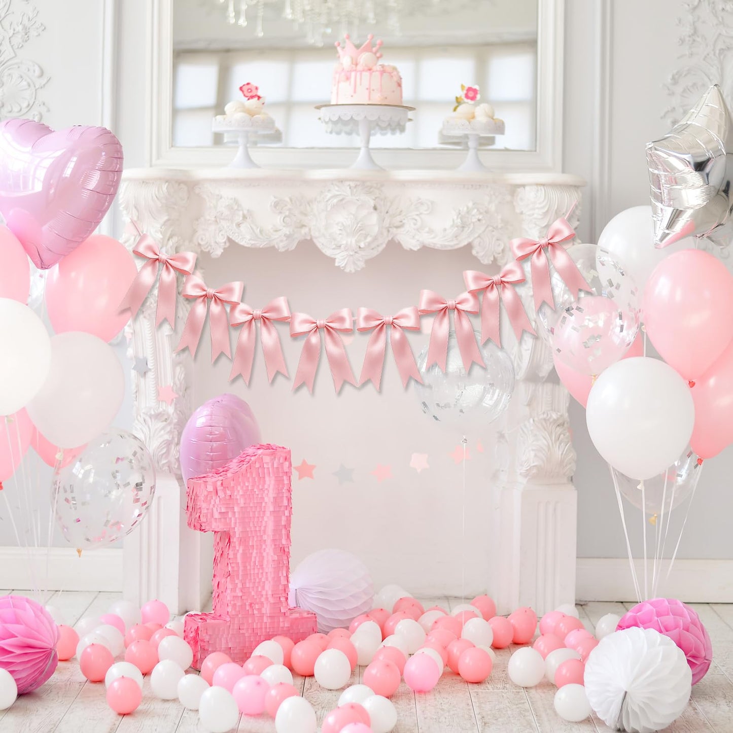 2 Strings of 16PCS Pink Bow Garland Banner Decoration,Pre-Strung Satin Ribbon Ornaments for Birthday,Bachelorette Party,Bridal Shower, Wedding,Engagement,Baby Shower, Graduation Deco,Anniversary