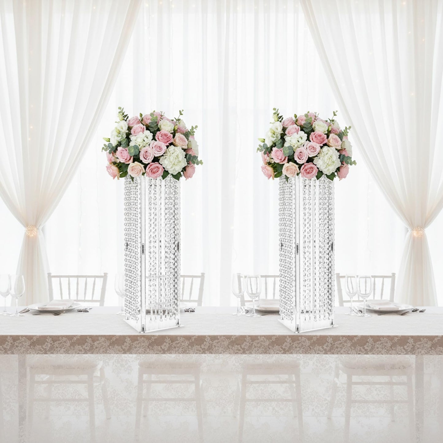 Lovecat Set of 2 Acrylic Vases, Wedding Centerpieces for Table, Clear Columnar Flower Stands, Flower Display Racks, Tall Chandelier Vases for Birthday Party Wedding Home Decor (23.6" x2pcs)