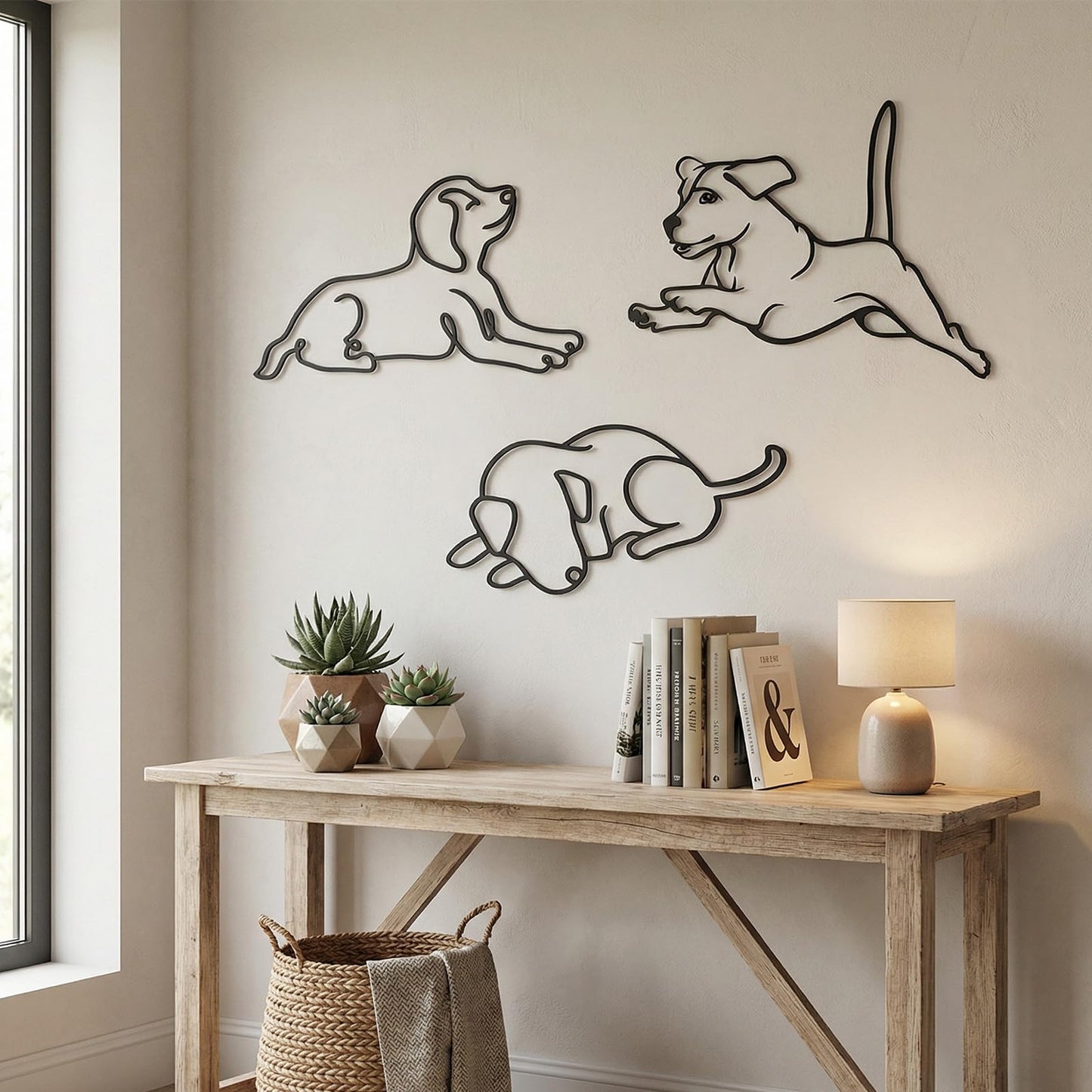 BrightRow 3 Pcs Dog Wall Art Minimalist Abstract Pet Line Drawing Decor Black Metal Modern Pet Sculptures Dog Lover Gifts for Living Room Bedroom Kitchen Wall Decorations(Puppy B)