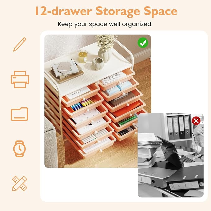 COSTWAY 12-Drawer Rolling Storage Cart, Utility Storage Organizer Cart for Tools, Scrapbook, Paper, Craft, Multipurpose Art Supply Organizer on Wheels for Home Office School, Teacher, Peach