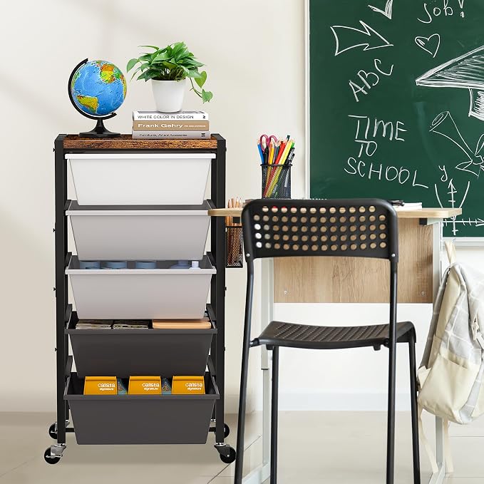 Rolling Cart with Drawers, Rolling Storage Cart with Large Plastic Drawers & Wooden Tabletop, Utility Cart with Pegboards & Basket, Storage Drawers Cart for Living Room, Classroom, Bedroom, Office