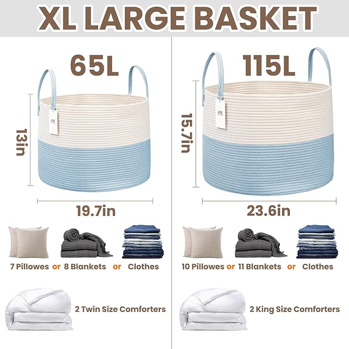 JMvicyroam 115L Extra Large Blanket Basket for Living Room - Woven Cotton Rope Laundry Hamper with Reinforced Handles - Storage Bin for Pillows, Comforters & Toys - Machine Washable,White&Blue