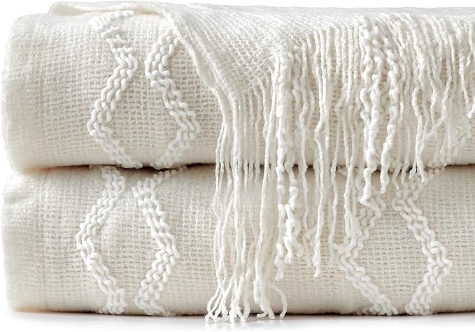 BOURINA Fluffy Chenille Knitted Fringe Throw Blanket Lightweight Soft Cozy for Bed Sofa Chair Throw Blankets, Off White 50" x 60"