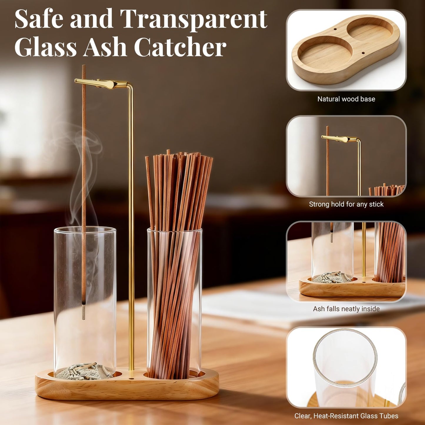 Glass Incense Holder, 2 in 1 Hanging Incense Burner Holder with Ash Catcher & Storage | Cute Boho Decor for Meditation, Yoga, Spa | Stick Incense Holder, Censer, Incense Tray Alternative (Natural)