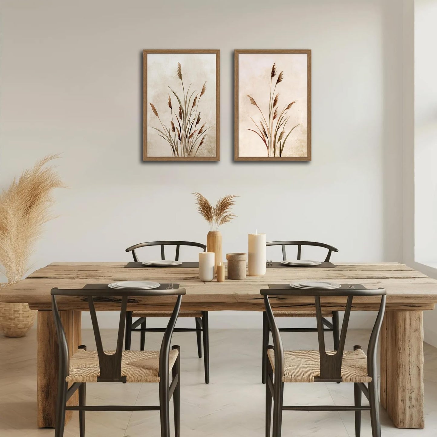 2pcs Framed Bohemian Reed Wall Art,Retro,Country-Style Natural Minimalist Botanical Canvas Painting Suitable For Living Rooms, Bedrooms, And 12 X 16In