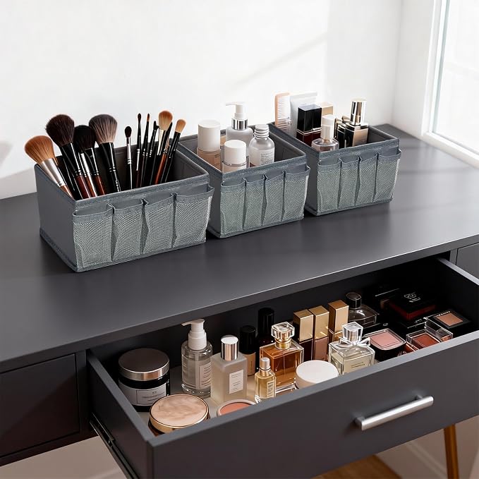 Cosmetic Storage Bins Makeup Organizer, Adjustable Multifunction Storage Box Desk Drawer Divider for Makeup Brushes, Bathroom Countertop or Dresser, Set of 4