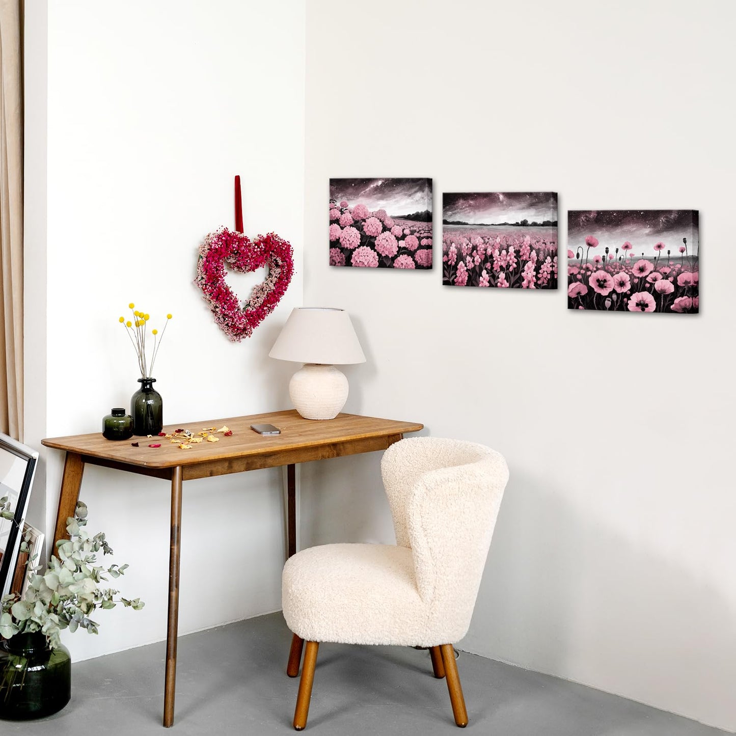 NutArtPic Flower Wall Art Hydrangea Pictures Poppy Paintings Bluebonnet Wildflower Artwork Prints for Home Decor 12''x16''x3pcs (pink)