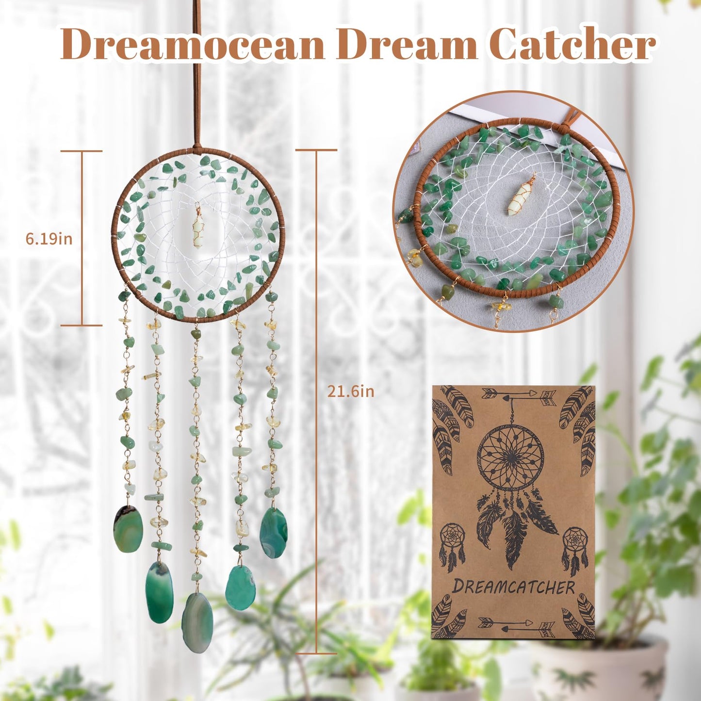 Boho Dream Catchers, Crystal Large Dreamcatcher Green Turquoise Suncatchers for Windows Wall Hangings Decoration Gifts for Adult Girls Bedroom Garden Room Decor