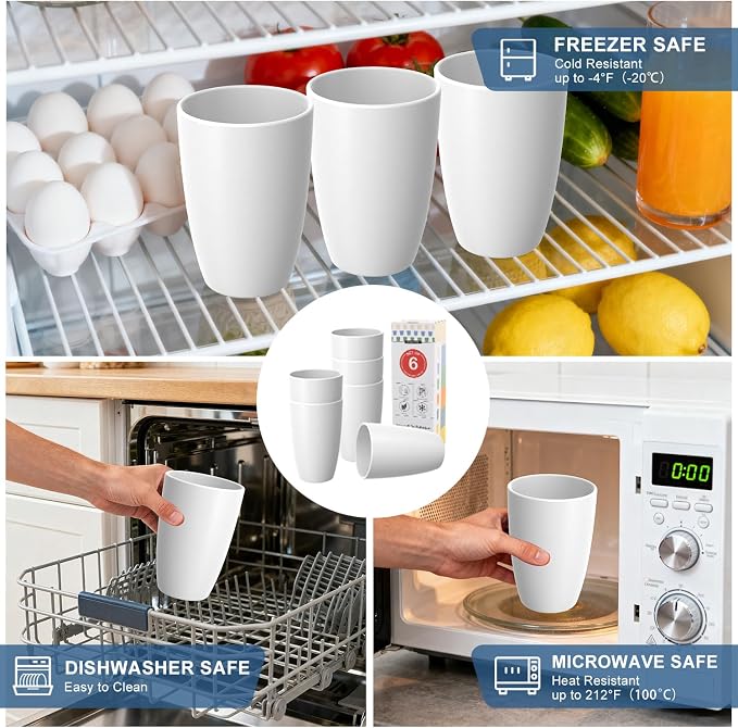 Wheat Straw Unbreakable Cup, 20 OZ Reusable Water Drinking Glasses Sets of 6, Lightweight Glass Cups, Alternative to Plastic Cups, Dishwasher Safe Tumbler for Kitchen Outdoor Camping, White
