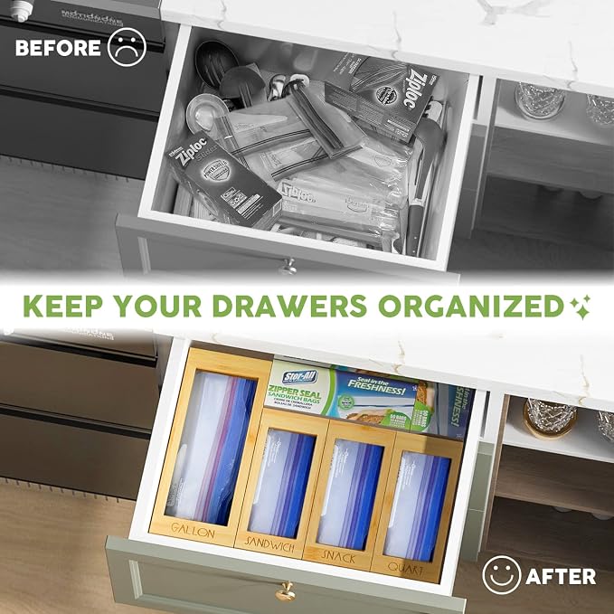 DALSHABET Bamboo Storage Bag Organizer, 4 Separate Food Storage Bags, 12x14 Baggie Organizer Dispenser for All Brands Gallon, Snack, Sandwich & Quart Slider Bags Beige