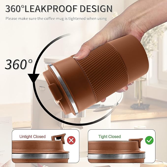 YINBAOGE Insulated Travel Coffee Mug, Spill & Leak Proof, Portable To Go Camping Stainless Steel Coffee Tumbler, Reusable Thermal Coffee Cup with Lid for Hot & Cold Drinks (Brown, 12 OZ)