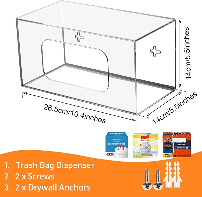 SEANADO Trash Bag Dispenser Roll Holder, Wall Mount Acrylic Kitchen Organizer Storage Box Holder for Garbage Bag Grocery Bag Plastic Shopping Bag Roll Container (10.4 x 5.5 x 5.5 inches)