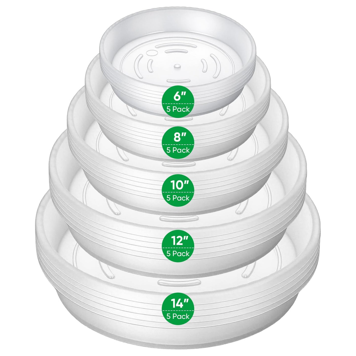 Dovesail 25 Pack Plant Saucer Tray, 6/8 / 10/12 /14 inch Heavy Duty Flower Pot Trays, Plastic Plant Saucer for Indoor & Outdoor Plants, Plant Trays to Catch Water, 5 Pieces of Each Size