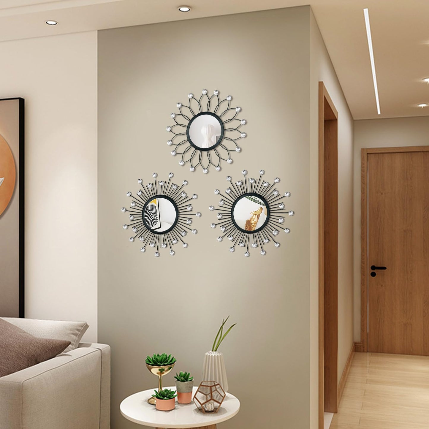 3 Pack Metal Mirrors for Wall Sunburst Wall Mirrors Home Décor Decorative Hanging Wall Art for Living Room Bedroom Entryway (Black Crystal, Flower+Sunburst)