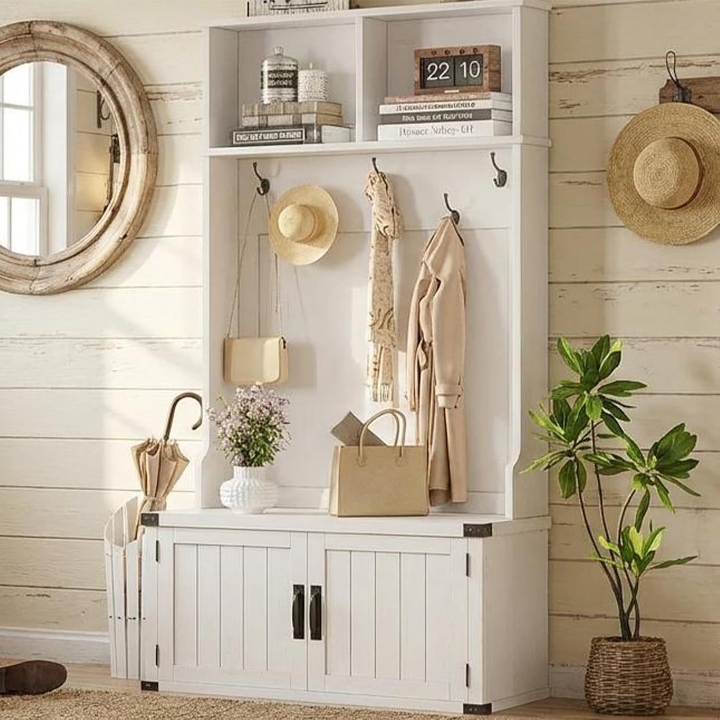 Garvee Farmhouse Hall Tree with Bench and Shoe Storage, 77" Tall Entryway Hall Tree w/ 5 Tri-Hooks Coat Rack, Mudroom Rack w/Bench & Door, Adjustable Shelf, 2 Top Cubbies Storage, Space Saving, White