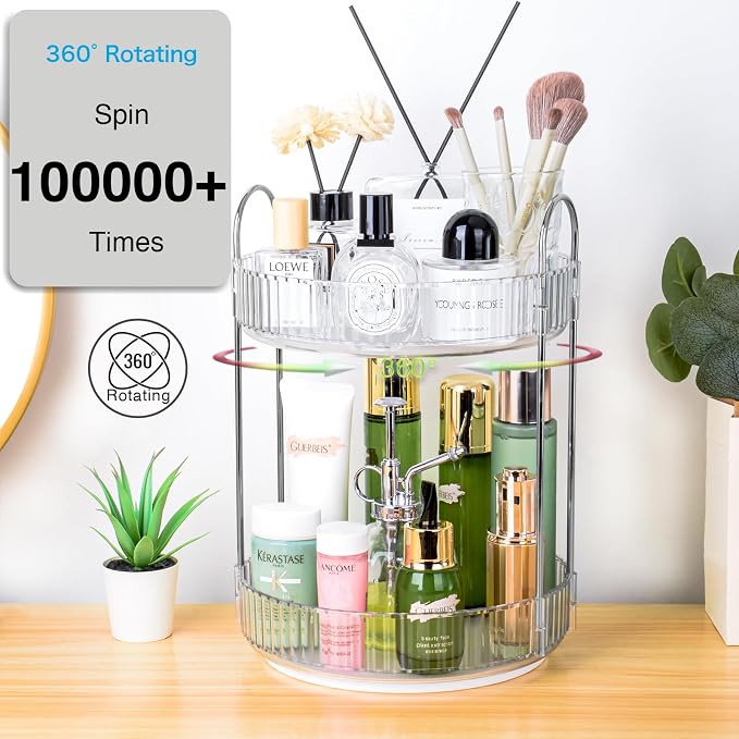 360 Rotating Makeup Organizer, 2 Tier Lazy Susan Bathroom Counter Organizer, Skincare Organizers, Spinning Perfume Organizer & Vanity Organizer Countertop (Silver Clear, 2 Tier)