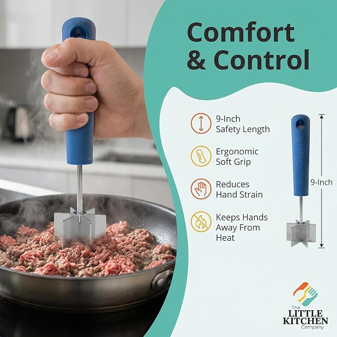 Stainless Steel Meat Chopper & Masher | Dishwasher Safe| 6-Blade Ground Beef Chopper Tool | Hamburger Smasher | Oversized Ergonomic Handle | Soft Grip - 9" (Lagoon Blue)