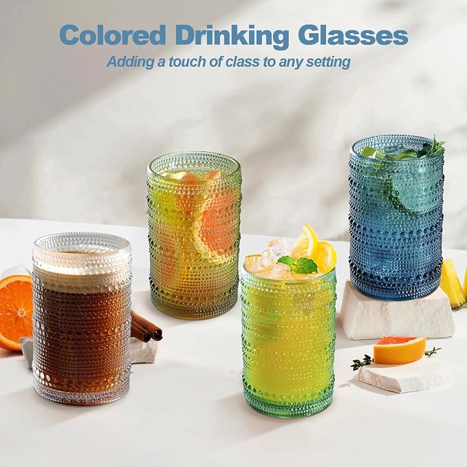 15oz Colored Hobnail Drinking Glasses, Vintage Glasses Drinking Set of 6, Embossed Beaded Glass Cups for Kitchen, Beer, Juice, Cocktail, Whiskey, Milk