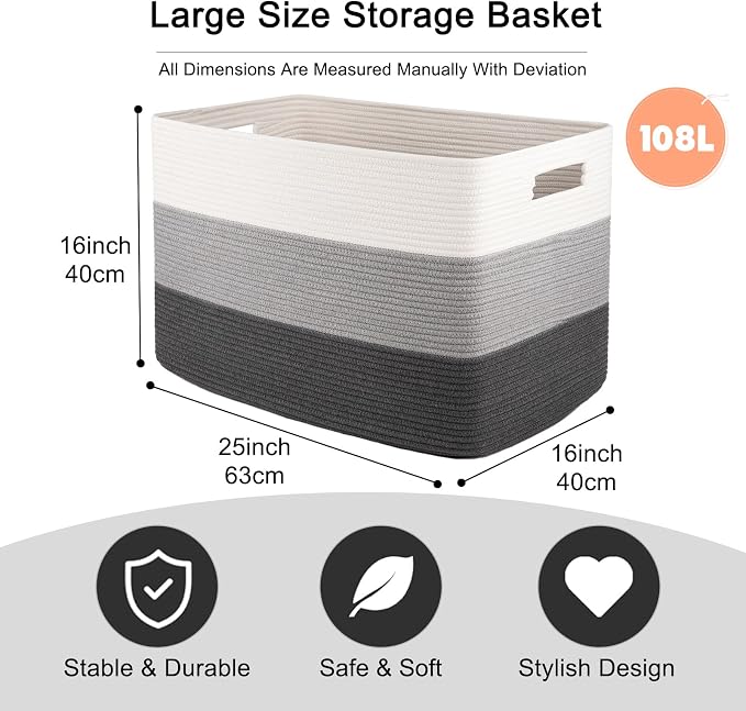 OIAHOMY 108L Super Large Blanket Basket, 25”x16”x16” Rectangle Woven Baskets for Storage, Cotton Rope Basket For Living Room, Toy Storage with Handle- Gradient Dark Grey