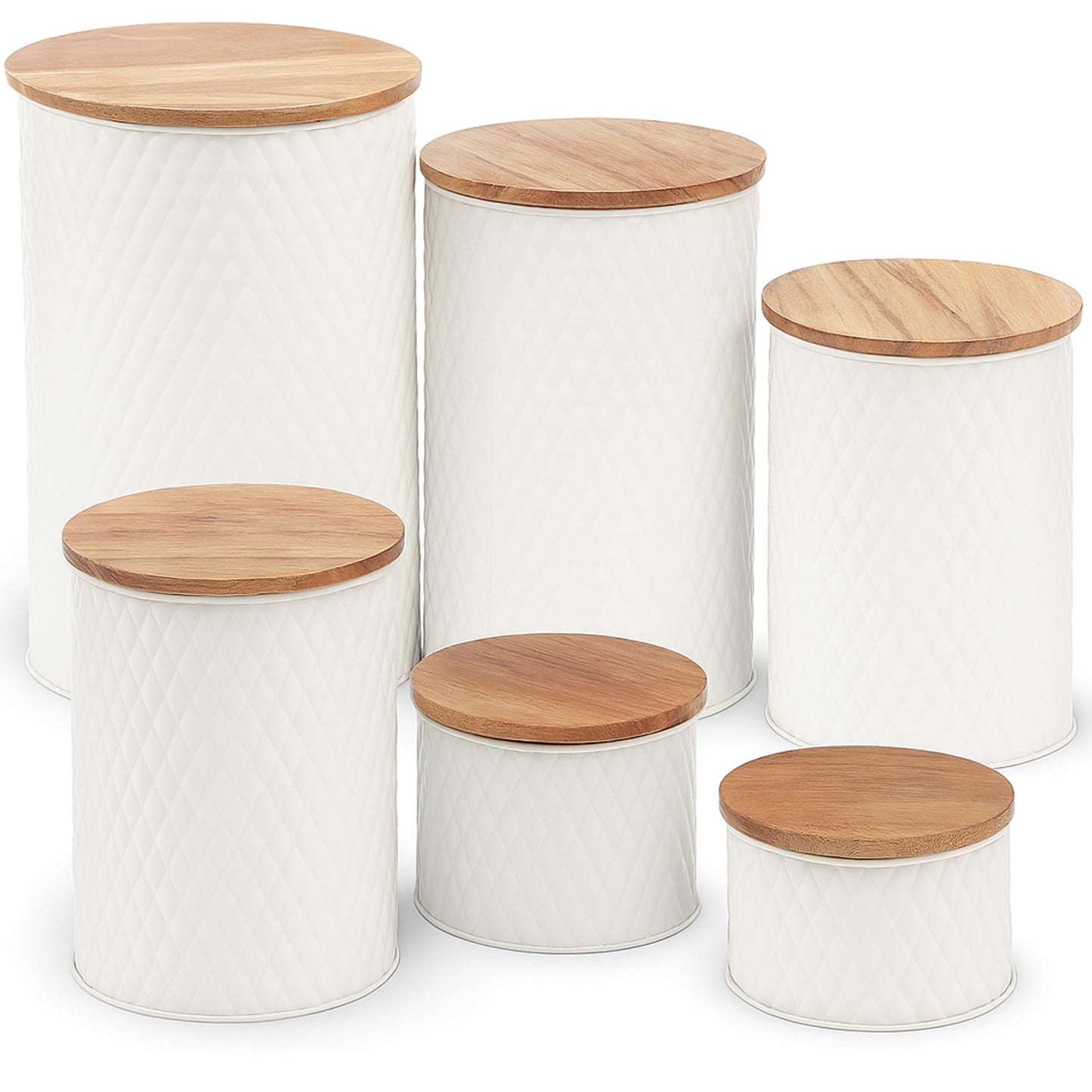 Alasitas 6 Canister Set for the Kitchen Countertop – Metal Food Storage Canisters with Airtight Lids for Flour, Tea, Crafts, Coffee, & Sugar – Container Set with Modern Wood Lids, White
