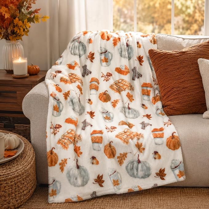 Fall Throw Blanket Soft Fleece: Pumpkin Spice and Everything Nice with Books Wraps Coffees Lattes Pumpkins Pies Oversized 70" inches x 50" inches
