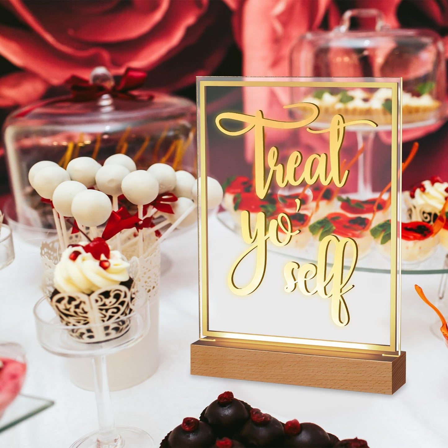 Hoolerry LED Acrylic Bar Table Sign 8" x 10" Neon Acrylic Table Centerpiece, Snack Candy Bar Centerpiece with Stand White Text for Dessert Flower Room Decor (Treat Yoself)