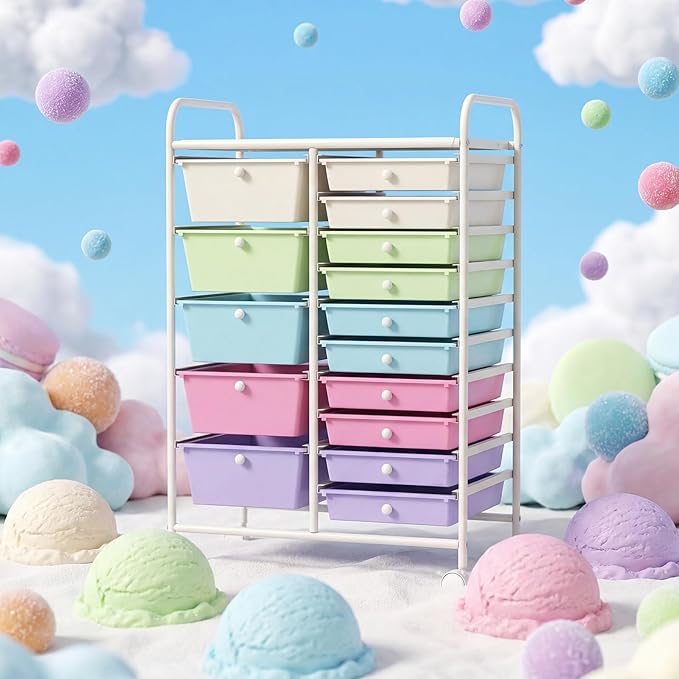 Giantex 15 Drawer Rolling Cart with Drawers, Storage Organizer Cart for Classroom Office School Teacher, Mobile Drawer Cart for Tools, Crafts, Small Printer, Paper, Pastel Ice Cream