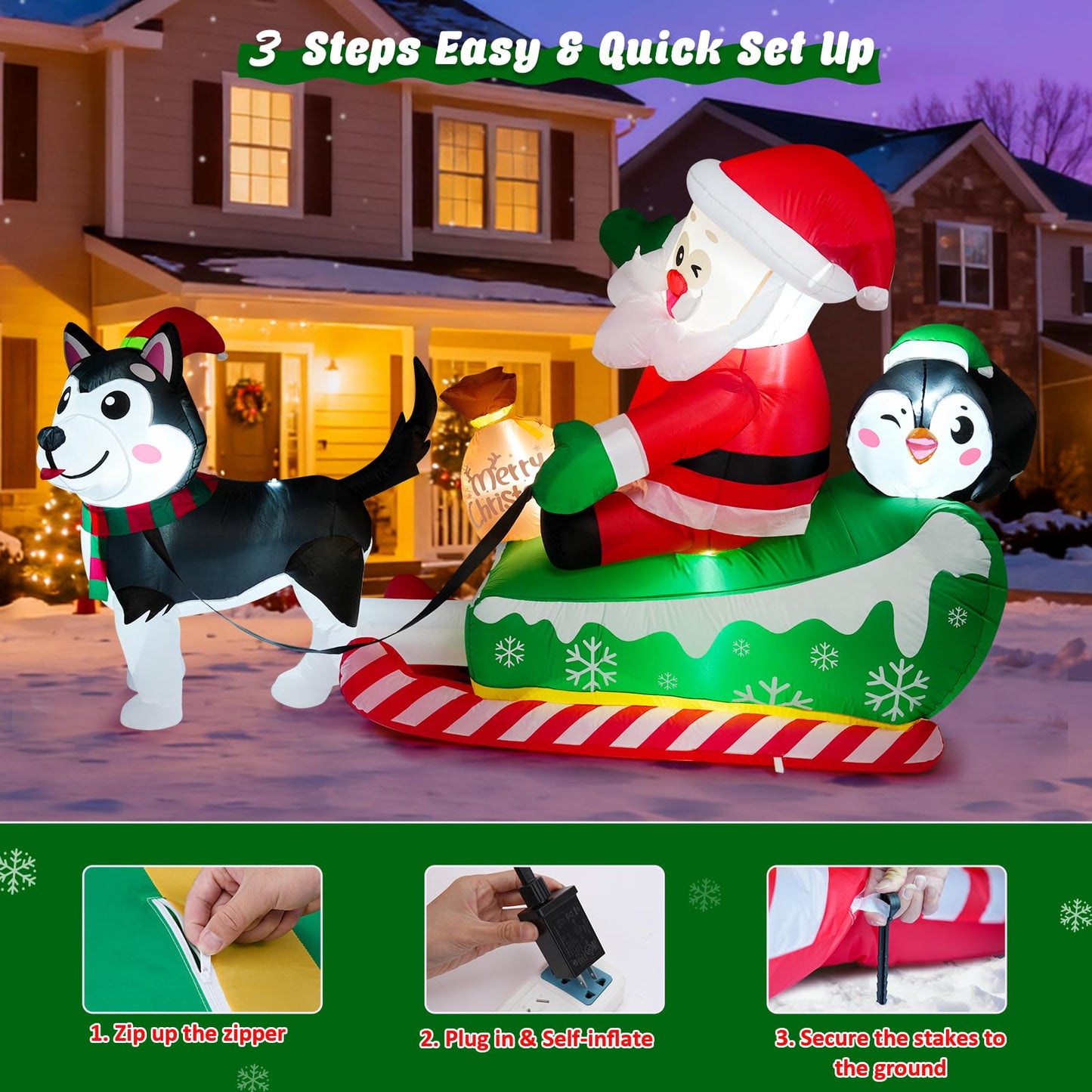 Meland Christmas Inflatables Outdoor - 9.5 FT Christmas Blow Ups Yard Decorations with Lights & Three Characters - Dog, Santa Clause on Sleigh, Penguin, Inflatable Decorations for Outside, Lawn Decor